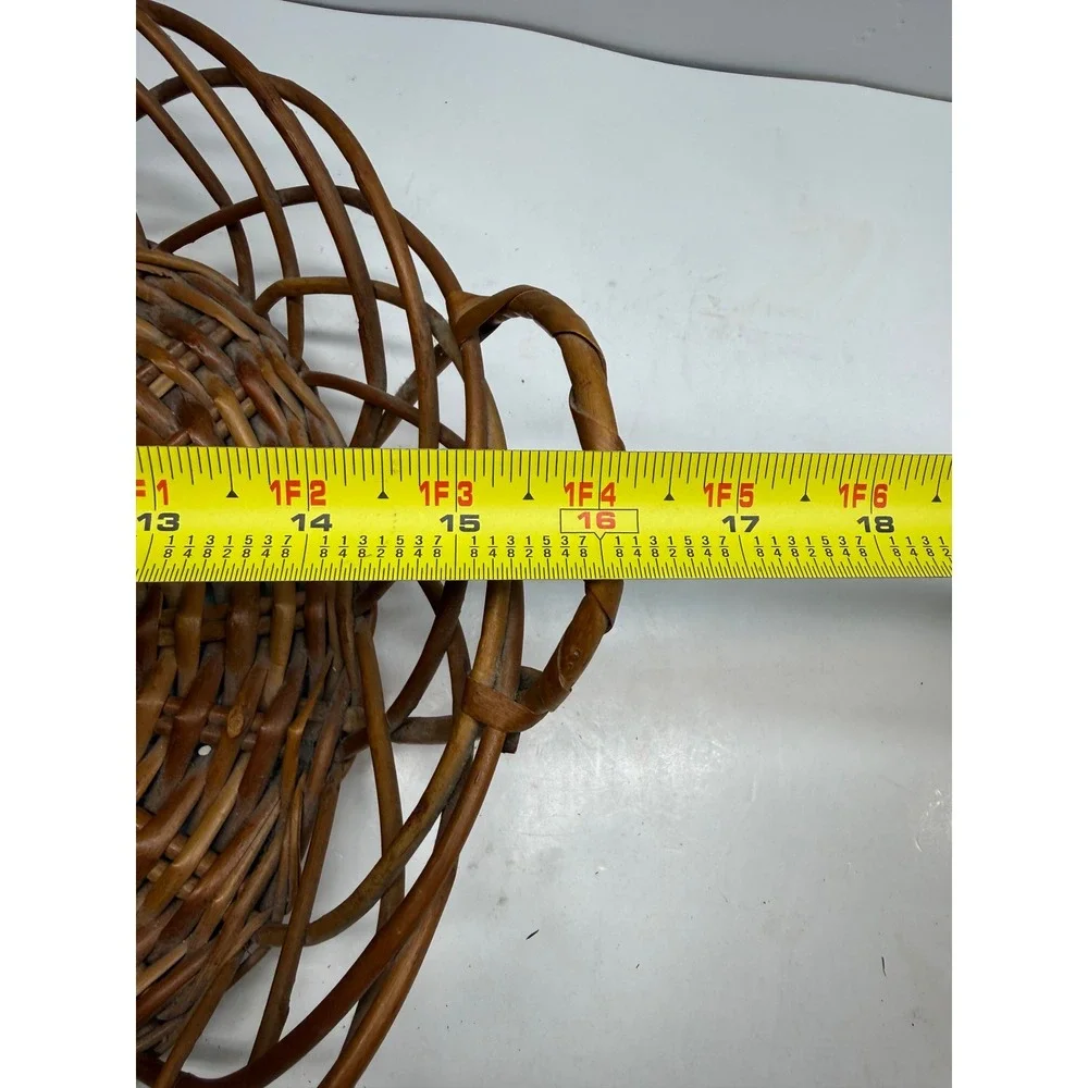 Vintage Portugal Wicker Basket Round Open Weave Lattice Boho Decor Brown 16in